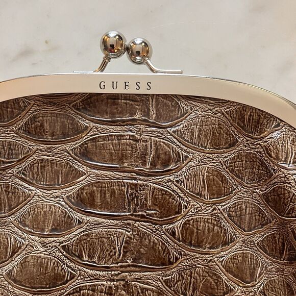 GUESS Faux Crocodile Leather Textured Wristlet Clutch Brown - Picture 2 of 10